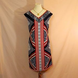 ‼️3 for $60‼️  Maggie London Red Multicolored Geometric Pattern Sheath Dress